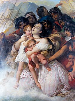 Painting by Raymond Monvoisin showing Elisa Bravo who was said to have survived the 1849 wreck of Joven Daniel to be then kidnapped by Mapuches.