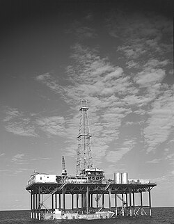 Conoco offshore oil well drilling platform, Gulf of Mexico, c.1955