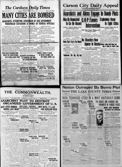 Newspaper headlines on June 3, 1919, covering the bombings
