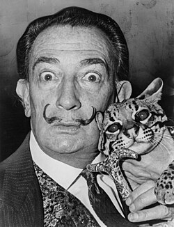 Dalí in the 1960s, sporting his "very aggressive" mustache,[230] holding his pet ocelot, Babou