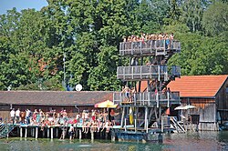 Lakeside diving platforms in Strandbad Utting am Ammersee, Germany. 2009