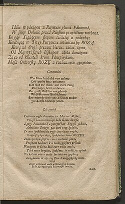 An example of poetry in Lithuanian, published by Vilnius University in 1729