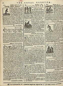 Page from The Royal Gazette, 19 May 1781, featuring notices of escaped slaves.
