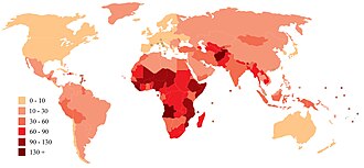 World map indicating infant mortality rates per 1000 births in 2006.[12]