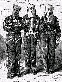 Mississippi Ku-Klux in the Disguises in Which They Were Captured, 1872. They were arrested in Tishomingo County, Mississippi, for attempted murder. (Wood engraving from photograph, Harper's Weekly, January 27, 1872, Prints and Photographs Division, Library of Congress)[37]