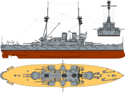 Diagram of HMS Agamemnon (1908), a typical late pre-dreadnought battleship