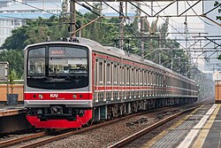 The KRL Commuterline set Seri 205 (Marchen face) serves the Bogor Line in Indonesia