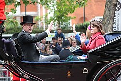 Andrew and his daughter Eugenie riding in the carriage procession at Trooping the Colour, 16 June 2012