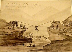 An "oroya" or basket to cross rivers. watercolor on paper portrayed in the Lima "MALI" museum, Anonymous - public domain