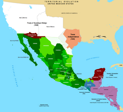 The Territorial evolution of Mexico after independence, noting losses to the US (red, white and orange) and the secession of Central America (purple)