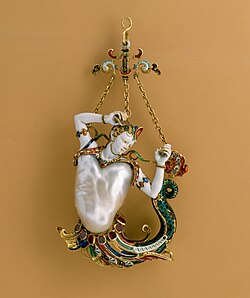 Pendant in the form of a siren, made of a baroque pearl (the torso) with enameled gold mounts set with rubies, probably c. 1860, in the Metropolitan Museum of Art (New York City, New York).