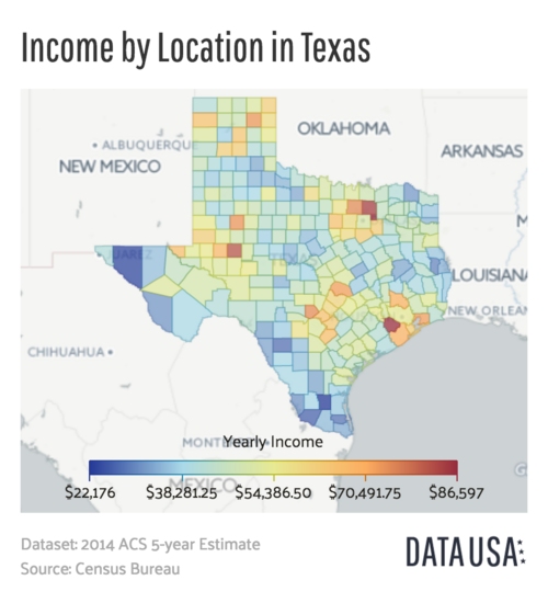 A geomap depicting income by county as of 2014