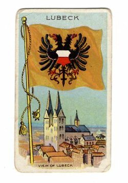 Flag and view of Lübeck on a 1909 cigarette card