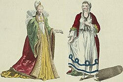 On the left the dogaressa in 1581 in late Renaissance clothes and on the right a woman from 1750 wearing the Tonda
