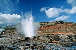 Geysir which is in Haukadalur valley, is shown erupting. It is the oldest known geyser in the world.
