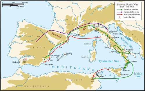Principal offensives of the war: Rome (red), Hannibal (green), Hasdrubal (purple)