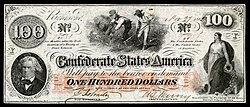 Confederate $100 bill, 1862–63, showing slaves farming; there were over 125 carefully wrought etchings of laboring slaves made for currency issued by 19th-century Southern banks and the Confederate States,[77] images that provided reassurance that slavery "was protected both by law and by tradition."[78] In 1860, Southern slaveholders held slaves as personal property[a] collectively valued at more than $3 billion (about $97 billion in 2022)[80] (National Numismatic Collection, National Museum of American History)