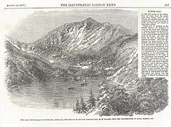 A wood-engraving of Nynee Tal (today Nainital) and accompanying story in the Illustrated London News, 15 August 1857, describing how the resort town in the Himalayas served as a refuge for British families escaping from the rebellion of 1857 in Delhi and Meerut.