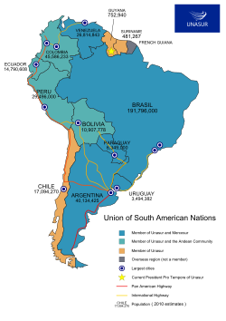 Members of UNASUR and main regional highways.