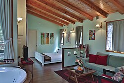 Rural tourism in Israel includes accommodations ranging from basic converted buildings to luxurious log cabins (Zimmers) equipped with modern amenities.