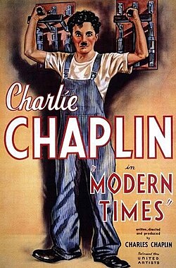 Modern Times (1936), described by Jérôme Larcher as a "grim contemplation on the automatisation of the individual"[215]