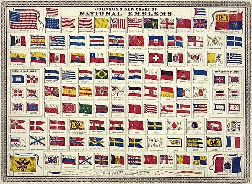 Johnson's new chart of national emblems, published c. 1868. The large flags shown in the corners are the 37-star flag of the United States (flown 1867–1890), upper left; the Royal Standard of the United Kingdom, upper, right; the Russian Imperial Standard, lower left; and the French tricolore with inset Imperial Eagle, lower right. Various other flags flown by ships are shown. The Flag of Cuba is labelled "Cuban (so called)". The Chinese dragon on the Flag of China was drawn mistakenly as a welsh dragon.