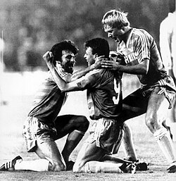 Koeman (right) celebrating the equalizer with Eric Gerets and Edward Linskens in the 1987–88 European Cup semi-final at the Santiago Bernabéu in Madrid