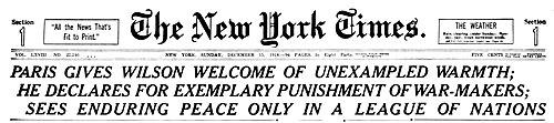 On his December 1918 trip to Europe, Woodrow Wilson gave speeches that "reaffirmed that the making of peace and the creation of a League of Nations must be accomplished as one single objective".[38]