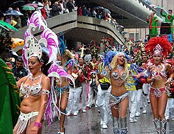Samba dancers pictured in the Helsinki Samba Carnaval in 2004, where heavy rain and low temperatures did not dampen the spirits of the dancers.