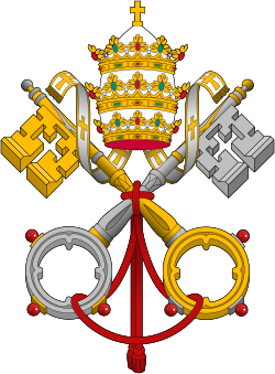 The crossed keys of the Holy See symbolize those of Simon Peter. The triple crown papal tiara symbolizes the triple power of the pope as "father of kings", "governor of the world" and "Vicar of Christ". The gold cross symbolizes the sovereignty of Jesus.