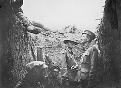 Captain Leslie Morshead in a trench at Lone Pine after the battle, looking at Australian and Ottoman dead on the parapet