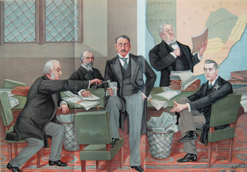 "Empire Makers and Breakers" depicted by Henry Wright, showing a scene at the South Africa Committee in 1897. Left to right: Her Majesty's Attorney-General Richard Webster, Henry Labouchère (remembered for the Labouchère Amendment, which for the first time criminalised all male homosexual activity), Cecil Rhodes, 'The Squire of Malwood' William Harcourt, and Joseph Chamberlain