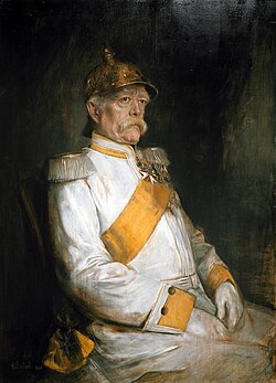 Franz von Lenbach's portrait of Bismarck in his 75th year. He is in the uniform of the Cuirassier Regiment No. 7 (Magdeburg).[106]