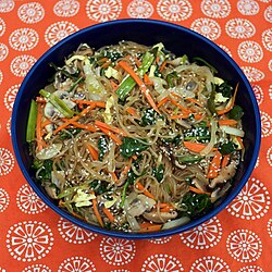 Korean japchae, or stir-fried cellophane noodles made of sweet potato starch