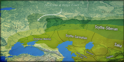 Various Iranic speaking populations in Central Asia during the Iron Age (highlighted in green)