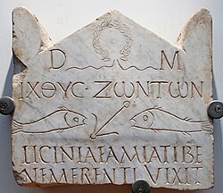 This funerary stele, one of the earliest Christian inscriptions (3rd century), combines the traditional abbreviation D. M., for Dis Manibus, "to the Manes," with the Christian motto Ikhthus zōntōn ("fish of the living") in Greek; the deceased's name is in Latin.