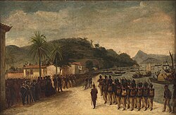 The Division of Royal Volunteers parading in Praia Grande before embarking to Montevideo, by Jean-Baptiste Debret