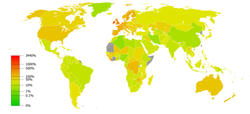 Map of countries by external debt as a percentage of GDP