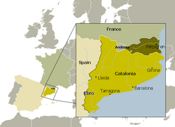 After the 1659 Treaty of the Pyrenees, the Roussillon (in ocher) became part of the Kingdom of France. The Principality of Catalonia south to the Pyrenees remained in the Spanish Crown