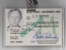 Foreign Observer identification badge issued during the 1989 Namibian election