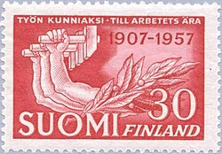 In 1957, the Finnish Post Office issued a stamp in honor of the 50th anniversary of the trade union activity in Finland.