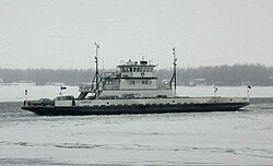 The Cumberland ice-breaking ferry headed toward Grand Isle in winter