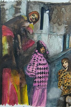 Vidalot is the last night of revelry before Ash Wednesday in Vilanova, Catalonia, Spain. Water color painting by Brad Erickson.
