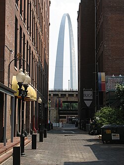 The Arch (completed 1965) is visible from Laclede's Landing, the remaining section of St. Louis's commercial riverfront.