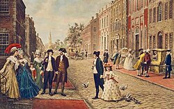 A 1913 illustration of Alexander Hamilton, Philip Schuyler, and Burr with daughter Theodosia strolling Wall Street in 1790