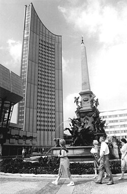 Uni-Riese ("University Giant") in 1982. Built in 1972, it was once part of the Karl-Marx-University and is Leipzig's tallest building.
