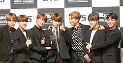 BTS at their press conference in Seoul, South Korea after winning Top Social Artist at the 24th Billboard Music Awards on May 29, 2017