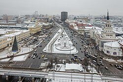 Komsomolskaya Square known as "Three Station Square" thanks to three ornate rail terminal situated there: Leningradsky, Yaroslavsky, and Kazansky.