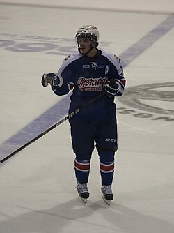 Owen Sound Attack's Joey Hishon wearing a third uniform in the Ontario Hockey League