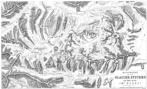 This illustration of the glacier systems of the Mont Blanc massif by Alexander Keith Johnston was first published 1848 in The Physical Atlas.